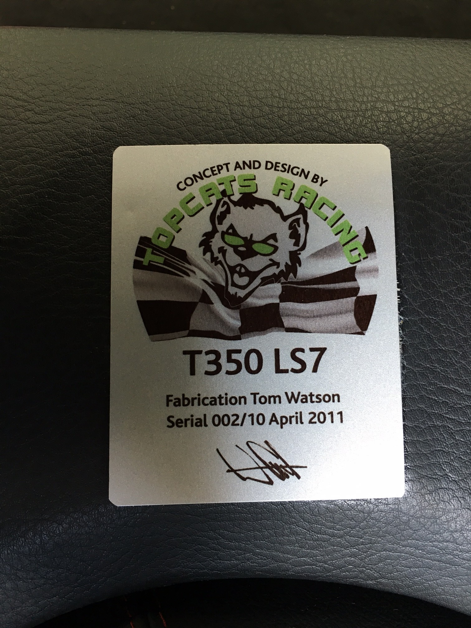 topcats racing bespoke build plaque